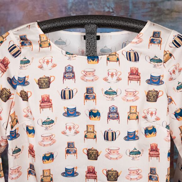 Talbots Tea Party Theme Blouse Women's SMALL Colorful Satin Cups Chairs England - Picture 2 of 7